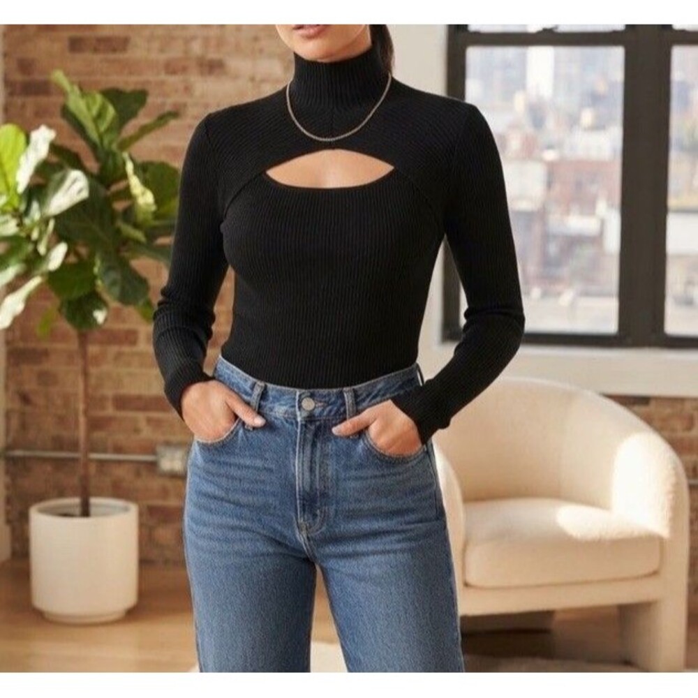 White House Black Market Black Ribbed Mock Neck Cutout Long Sleeve Sweater Sz S